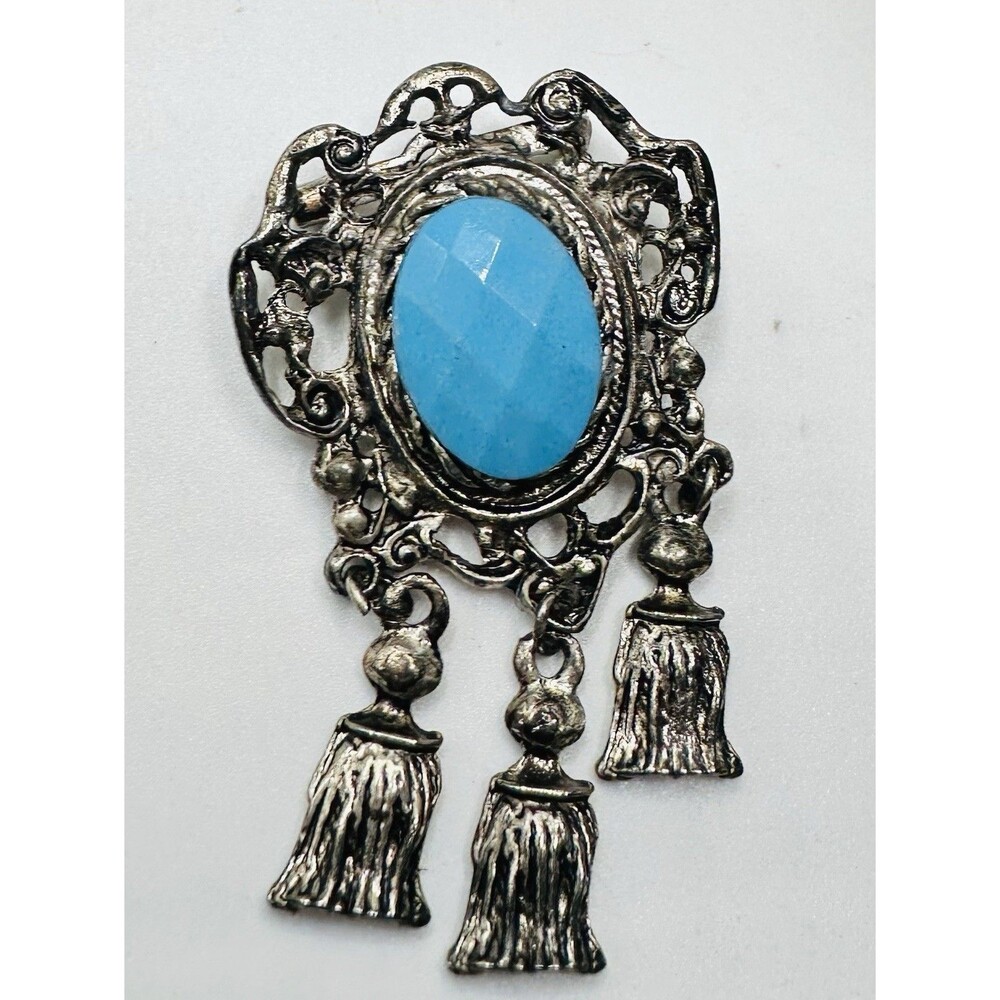 Vintage Silver Tone Turquoise Blue Cabochon Dangle Tassel Brooch Pin Boho